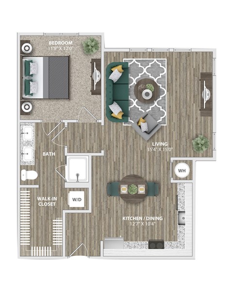 Floor plan for 1 bed, 1 bath, 775 sqft